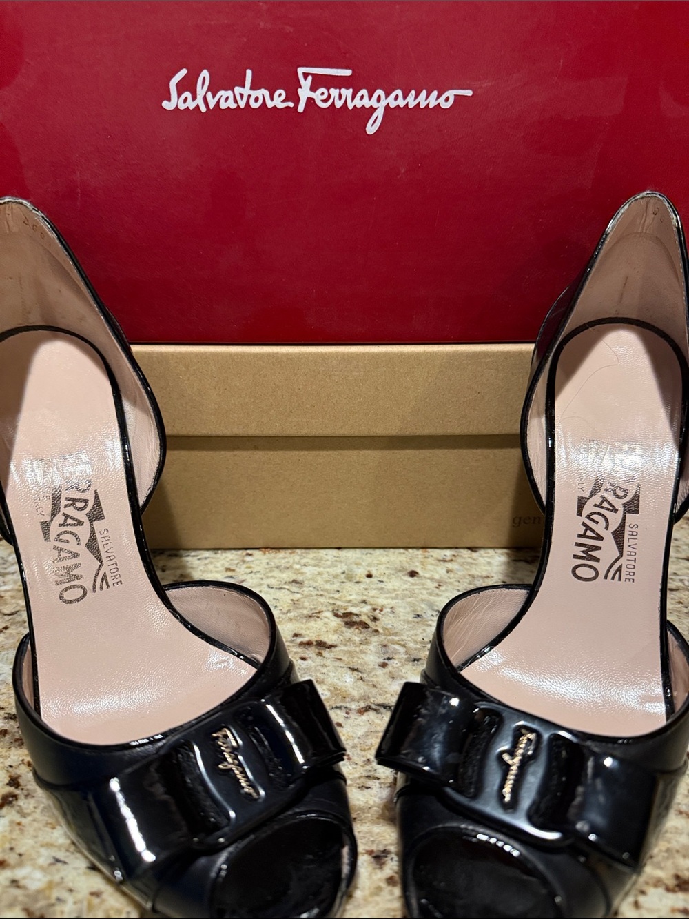 Salvatore Ferragamo Black Patent Leather Peep-Toe Heels with Bow Detail